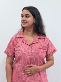 Pink Floral Printed Kantha Cotton Shirt Pyjama Set | Free Size |