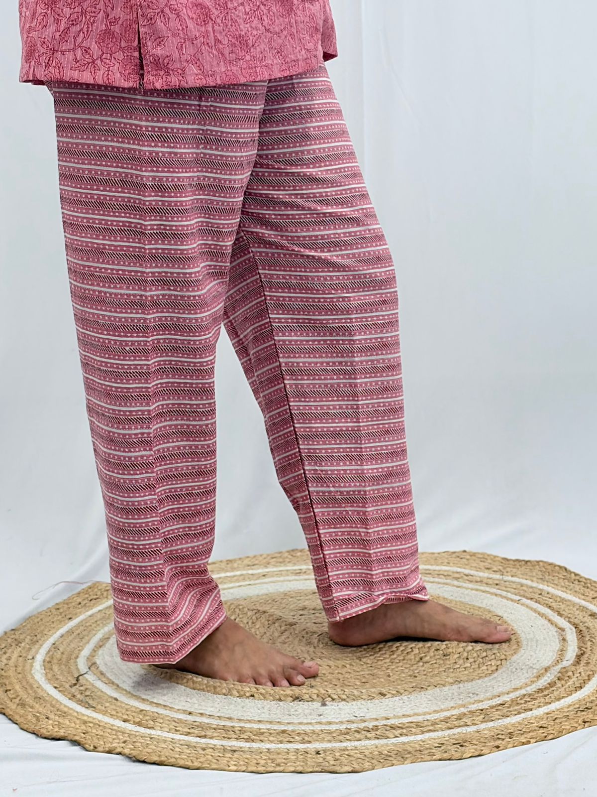 Pink Floral Printed Kantha Cotton Shirt Pyjama Set | Free Size |