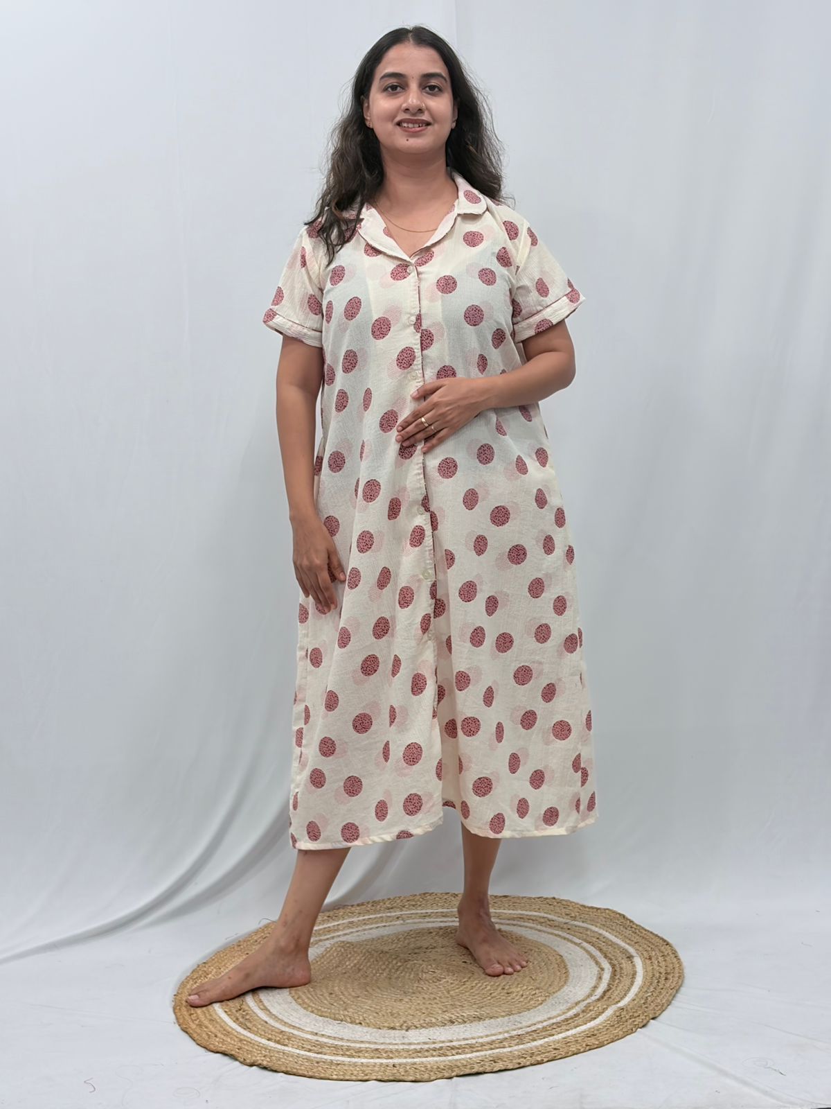 Pink And Cream Dot Printed Seer Sucker Full Open Long Polo Shirt Dress | Side Pocket | Free Size | Chest Width 44″| Length 44″