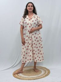 Pink And Cream Dot Printed Seer Sucker Full Open Long Polo Shirt Dress | Side Pocket | Free Size | Chest Width 44″| Length 44″