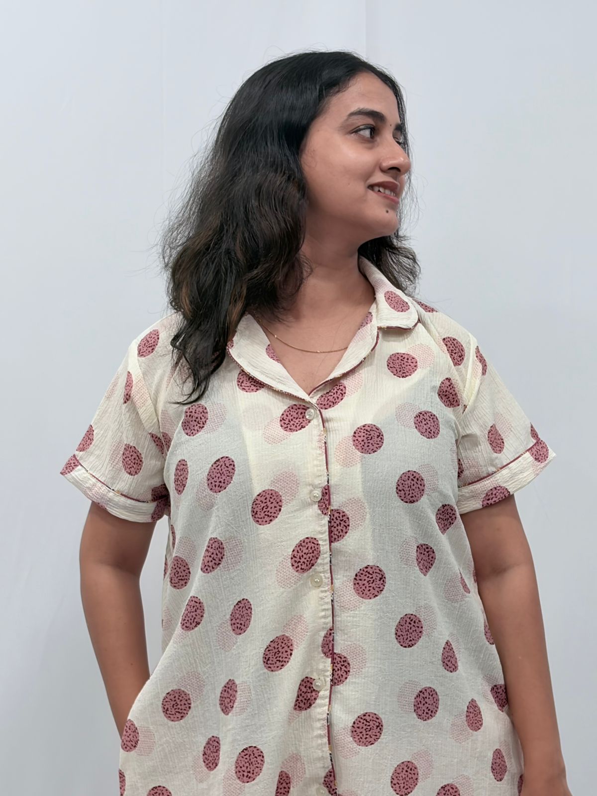 Pink And Cream Dot Printed Seer Sucker Full Open Long Polo Shirt Dress | Side Pocket | Free Size | Chest Width 44″| Length 44″