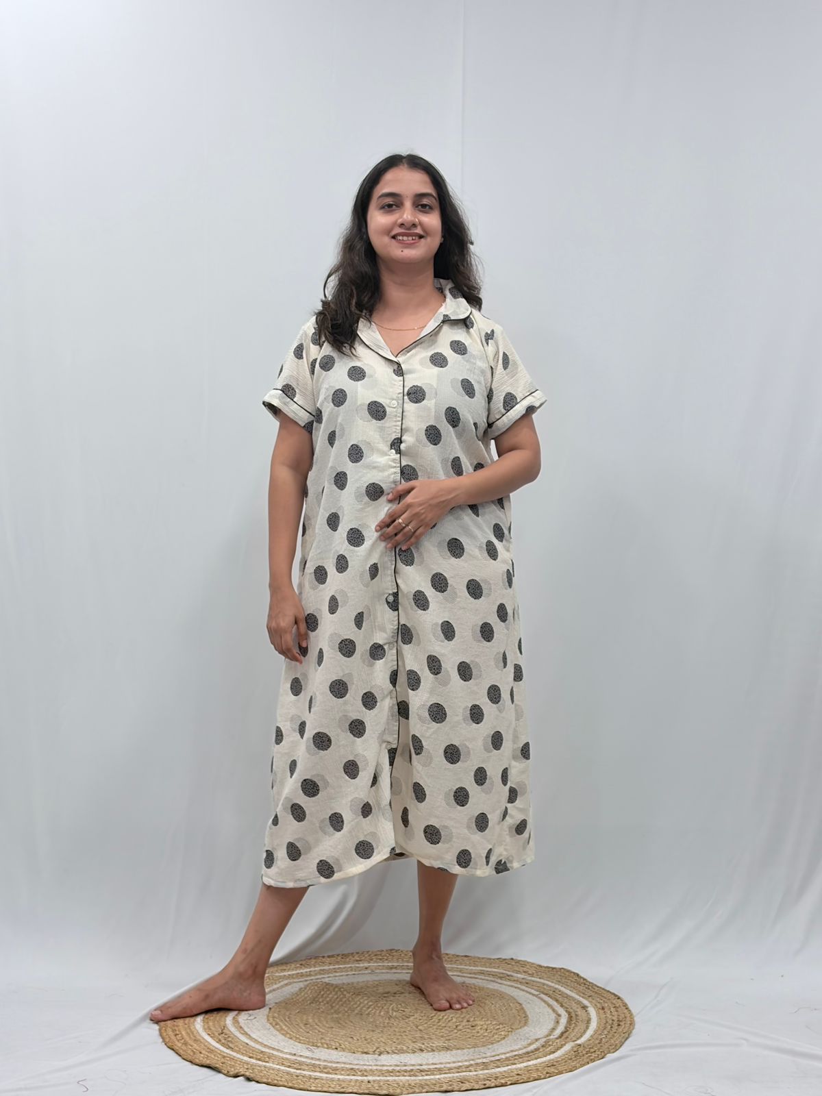 Grey And Cream Dot Printed Seer Sucker Full Open Long Polo Shirt Dress | Side Pocket | Free Size | Chest Width 44″| Length 44″