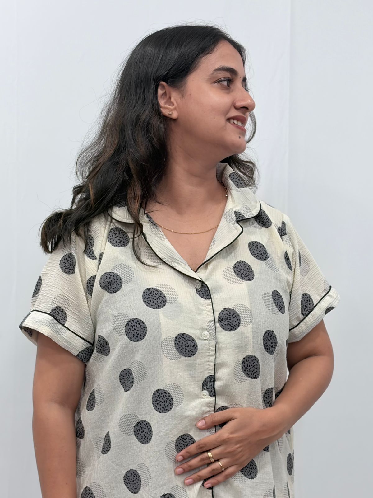 Grey And Cream Dot Printed Seer Sucker Full Open Long Polo Shirt Dress | Side Pocket | Free Size | Chest Width 44″| Length 44″