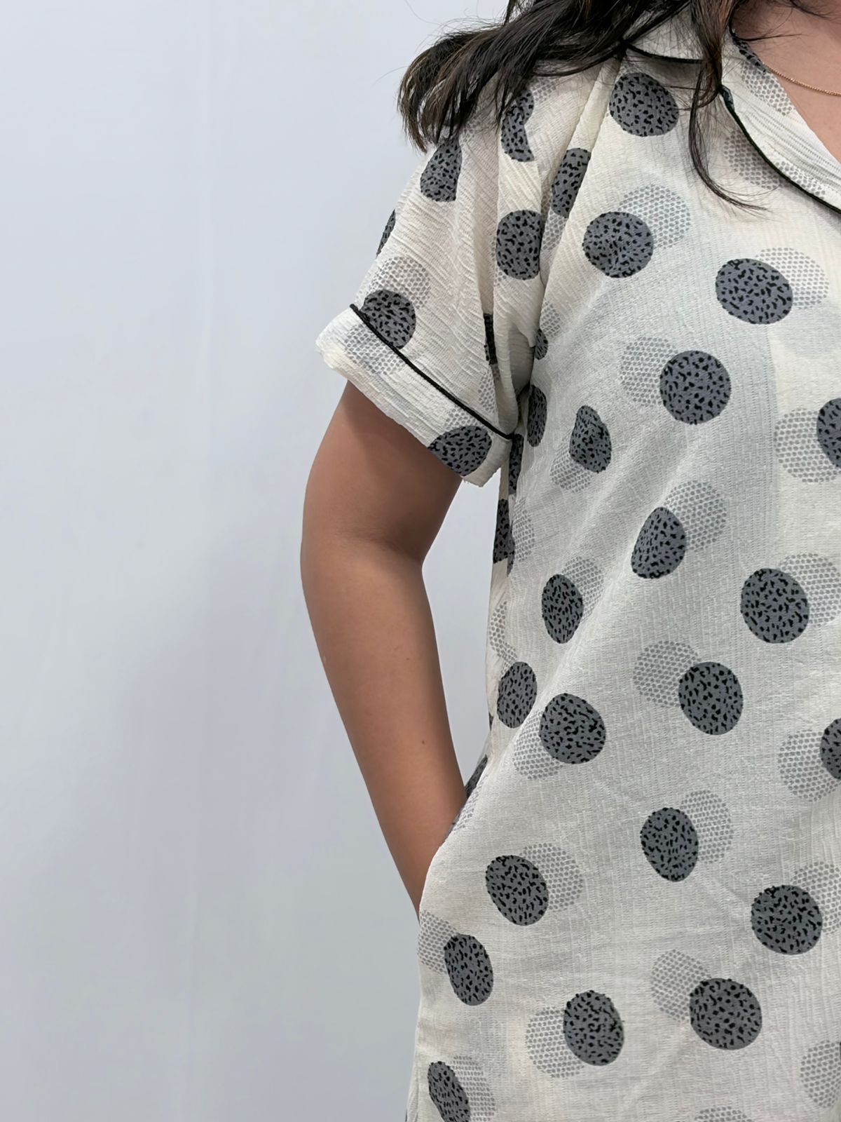 Grey And Cream Dot Printed Seer Sucker Full Open Long Polo Shirt Dress | Side Pocket | Free Size | Chest Width 44″| Length 44″