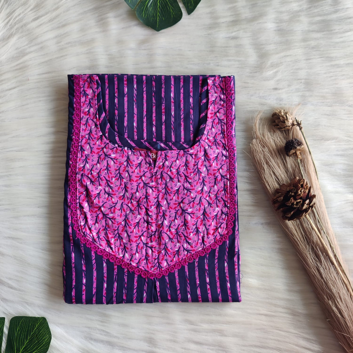 Pink And Navy Blue Stripe Printed Premium Cotton Mix N Match Lace Pocket Nighty | Free Size | Chest Width 44″| Length 56″