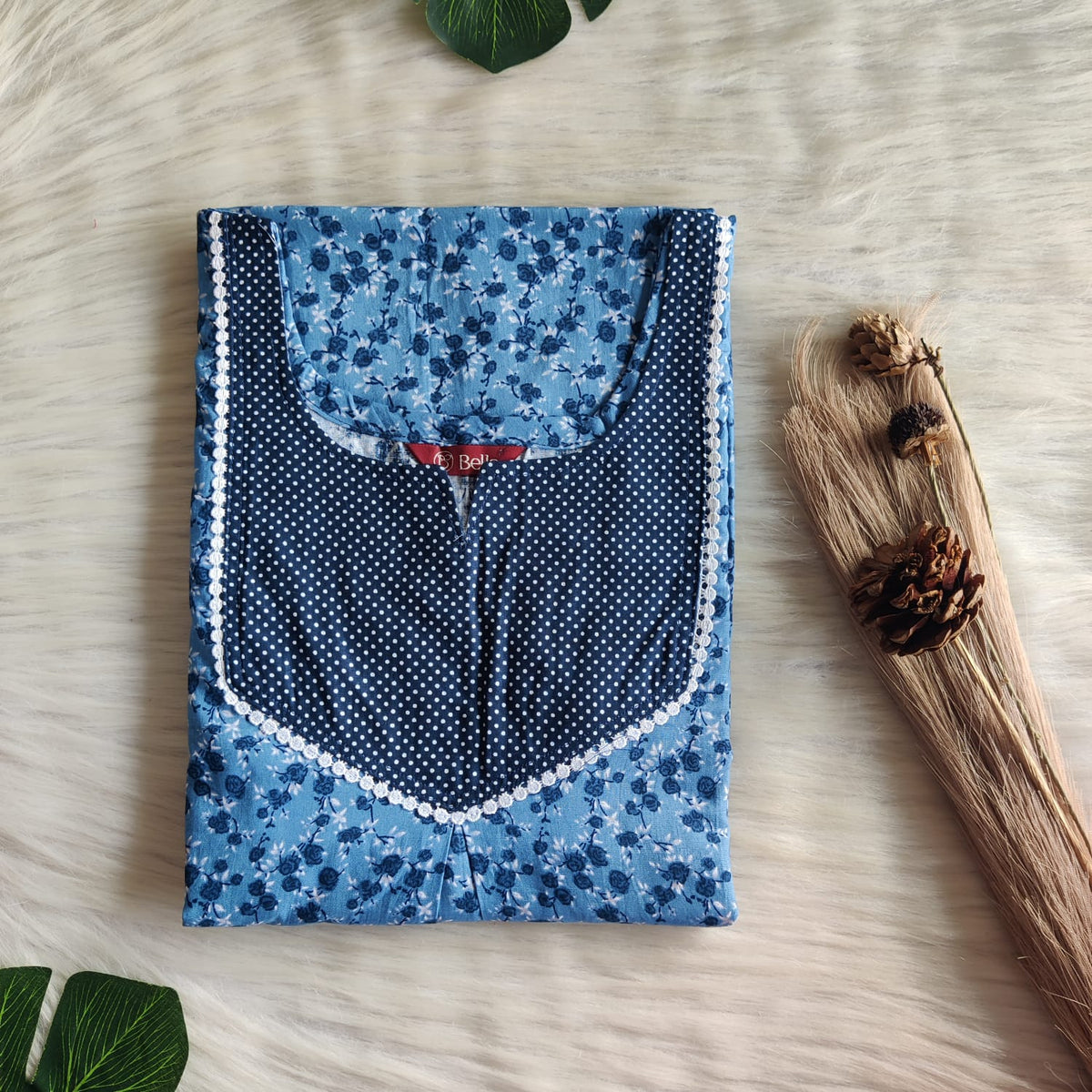 Dark Pale Blue Floral Printed Premium Cotton Mix N Match Lace Pocket Nighty | Free Size | Chest Width 44″| Length 56″