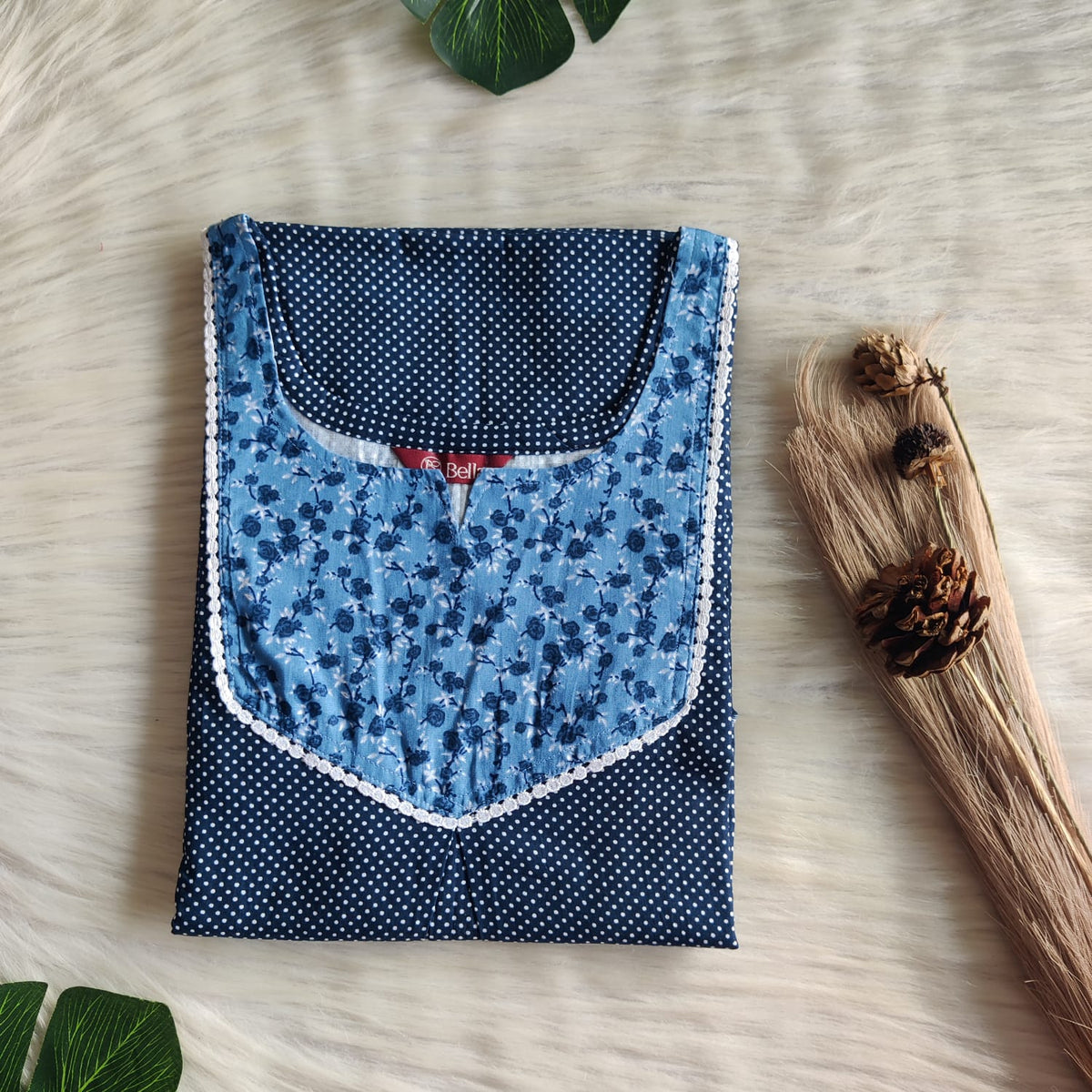 Pale And Dark Blue Dot Printed Premium Cotton Mix N Match Lace Pocket Nighty | Free Size | Chest Width 44″| Length 56″