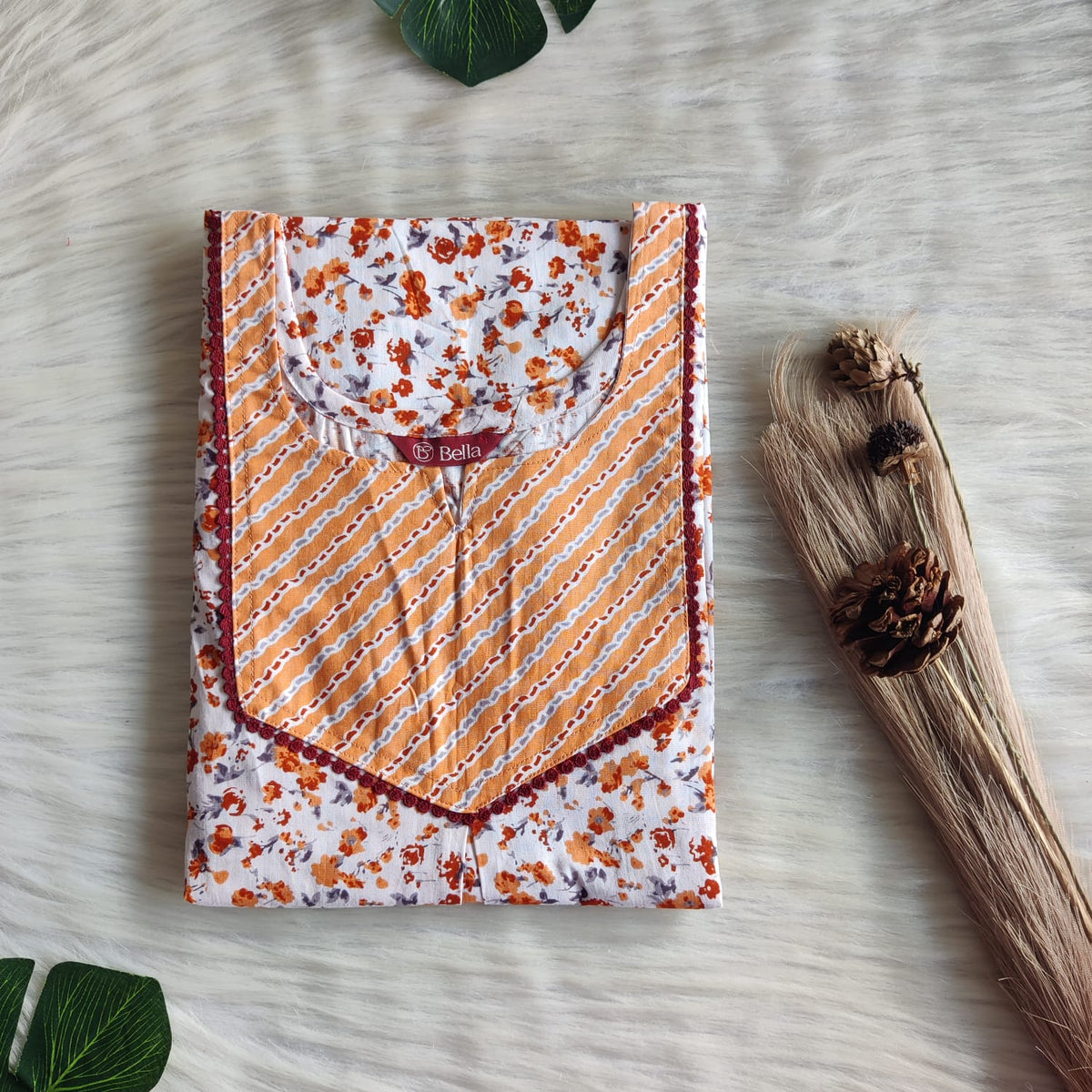 Orange And White Printed Premium Cotton Mix N Match Lace Pocket Nighty | Free Size | Chest Width 44″| Length 56″