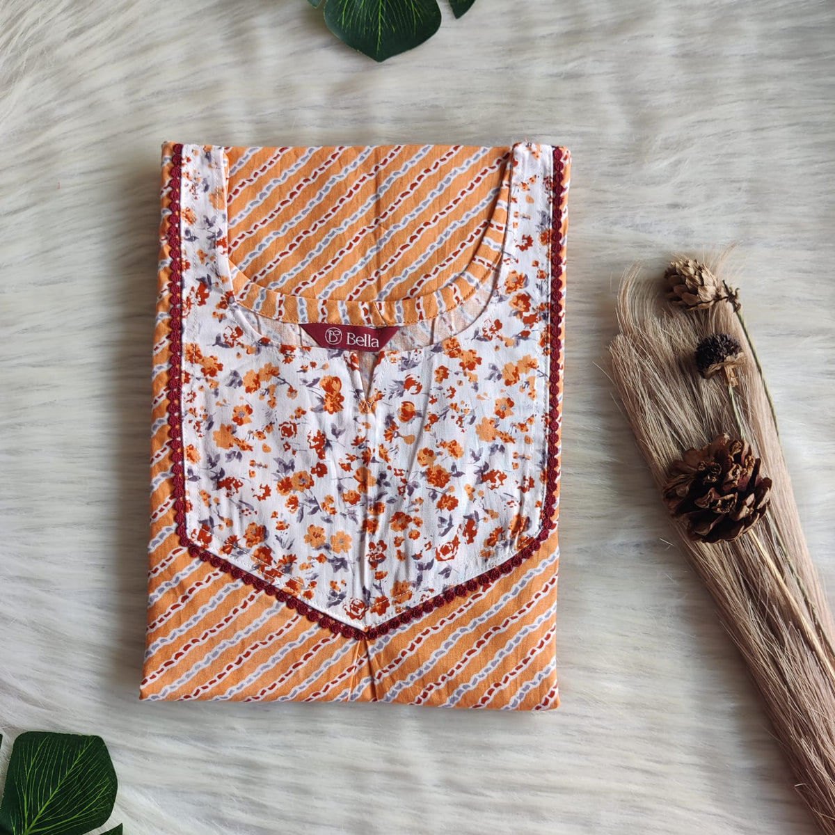 White And Orange Printed Premium Cotton Mix N Match Lace Pocket Nighty | Free Size | Chest Width 44″| Length 56″