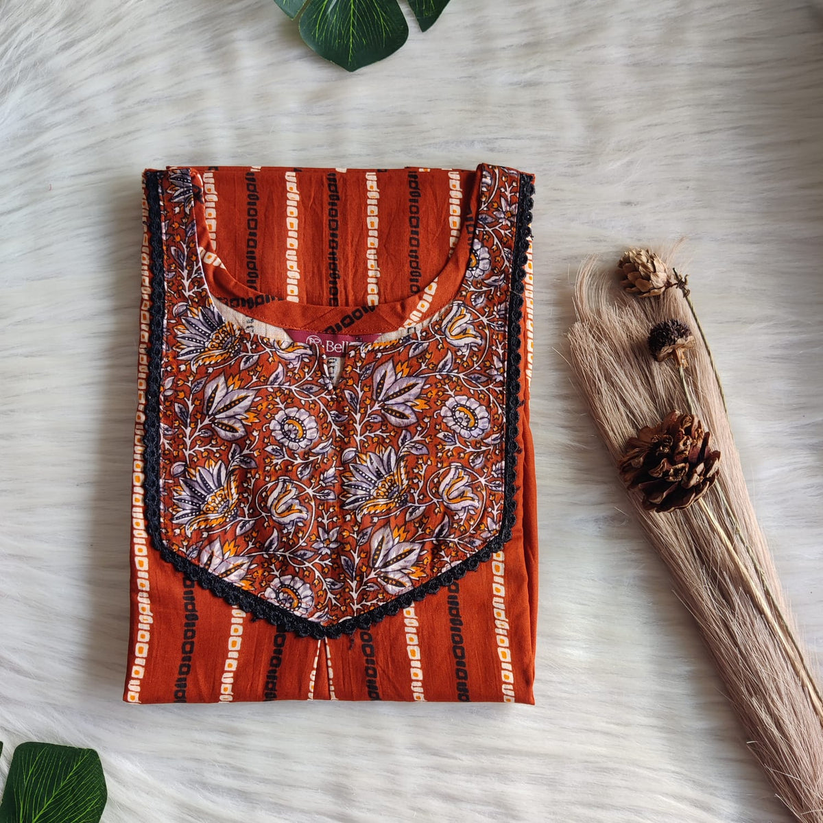Grey And Burnt Orange Printed Premium Cotton Mix N Match Lace Pocket Nighty | Free Size | Chest Width 44″| Length 56″