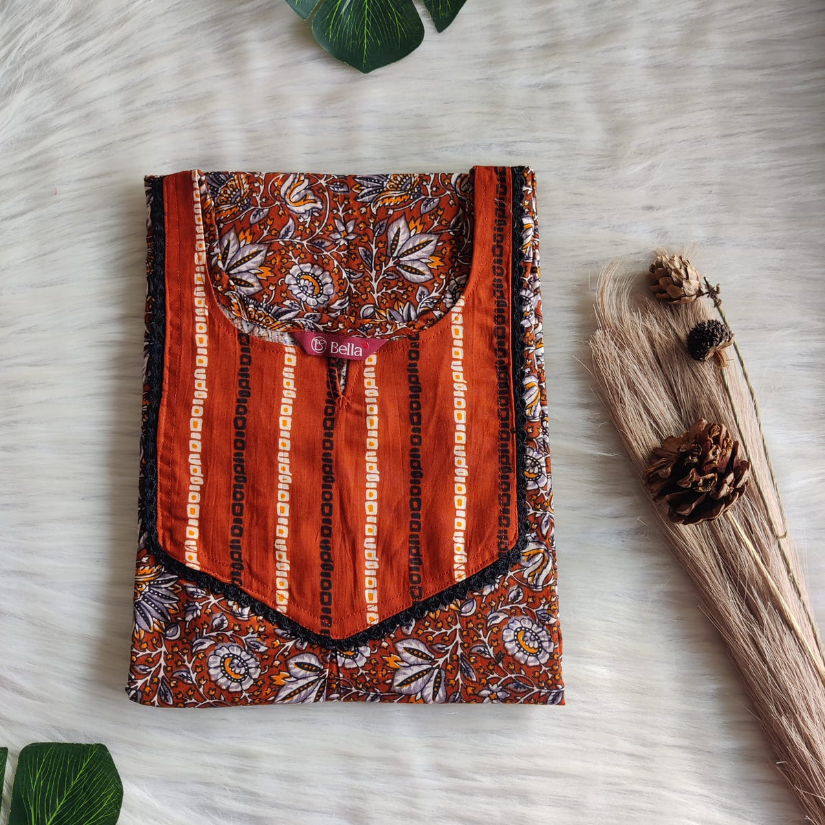 Burnt Orange And Grey Floral Printed Premium Cotton Mix N Match Lace Pocket Nighty | Free Size | Chest Width 44″| Length 56″
