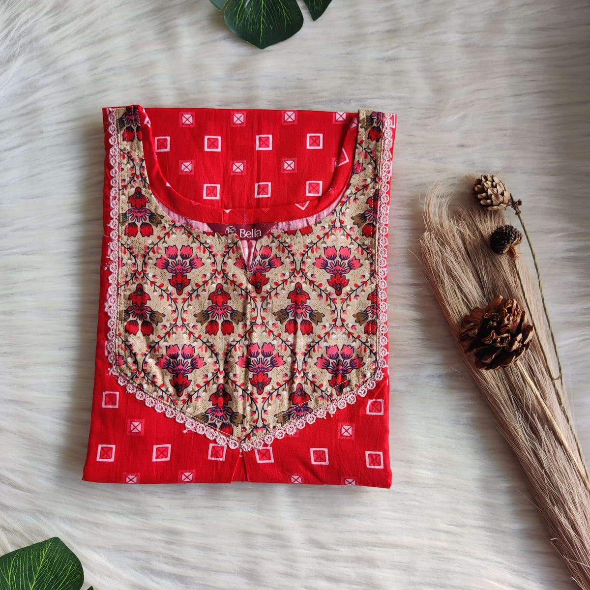 Cream And Red Printed Premium Cotton Mix N Match Lace Pocket Nighty | Free Size | Chest Width 44″| Length 56″