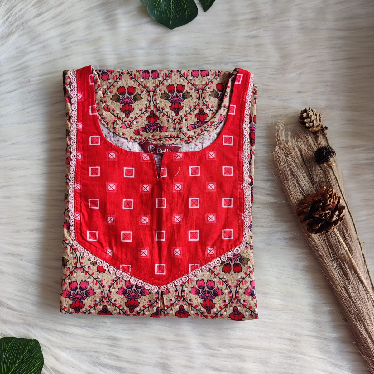 Red And Cream Printed Premium Cotton Mix N Match Lace Pocket Nighty | Free Size | Chest Width 44″| Length 56″