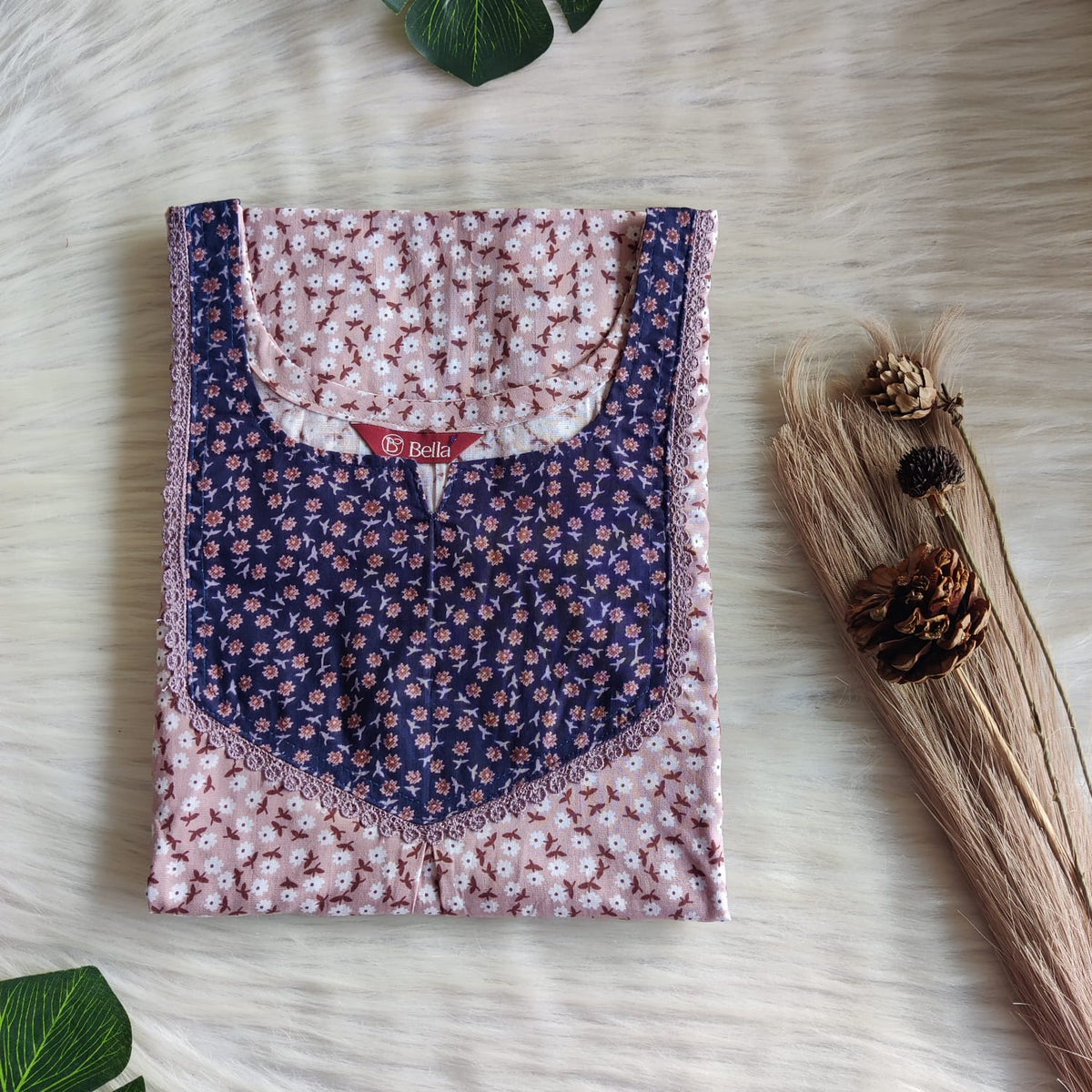 Navy Blue And Brown Printed Premium Cotton Mix N Match Lace Pocket Nighty | Free Size | Chest Width 44″| Length 56″