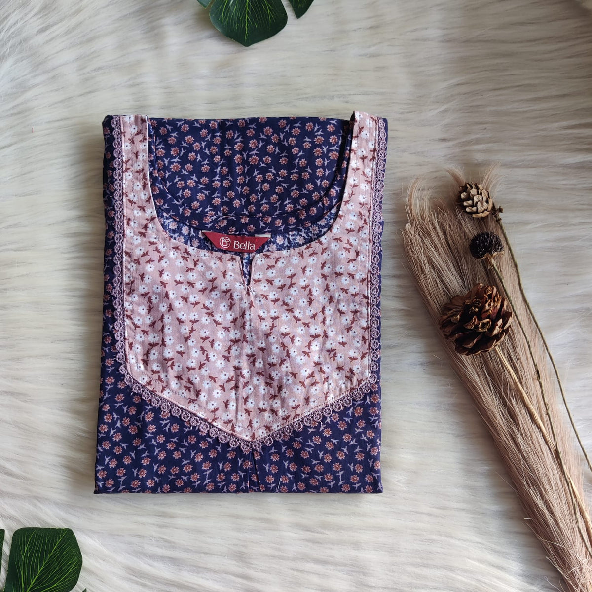 Brown And Navy Blue Printed Premium Cotton Mix N Match Lace Pocket Nighty | Free Size | Chest Width 44″| Length 56″