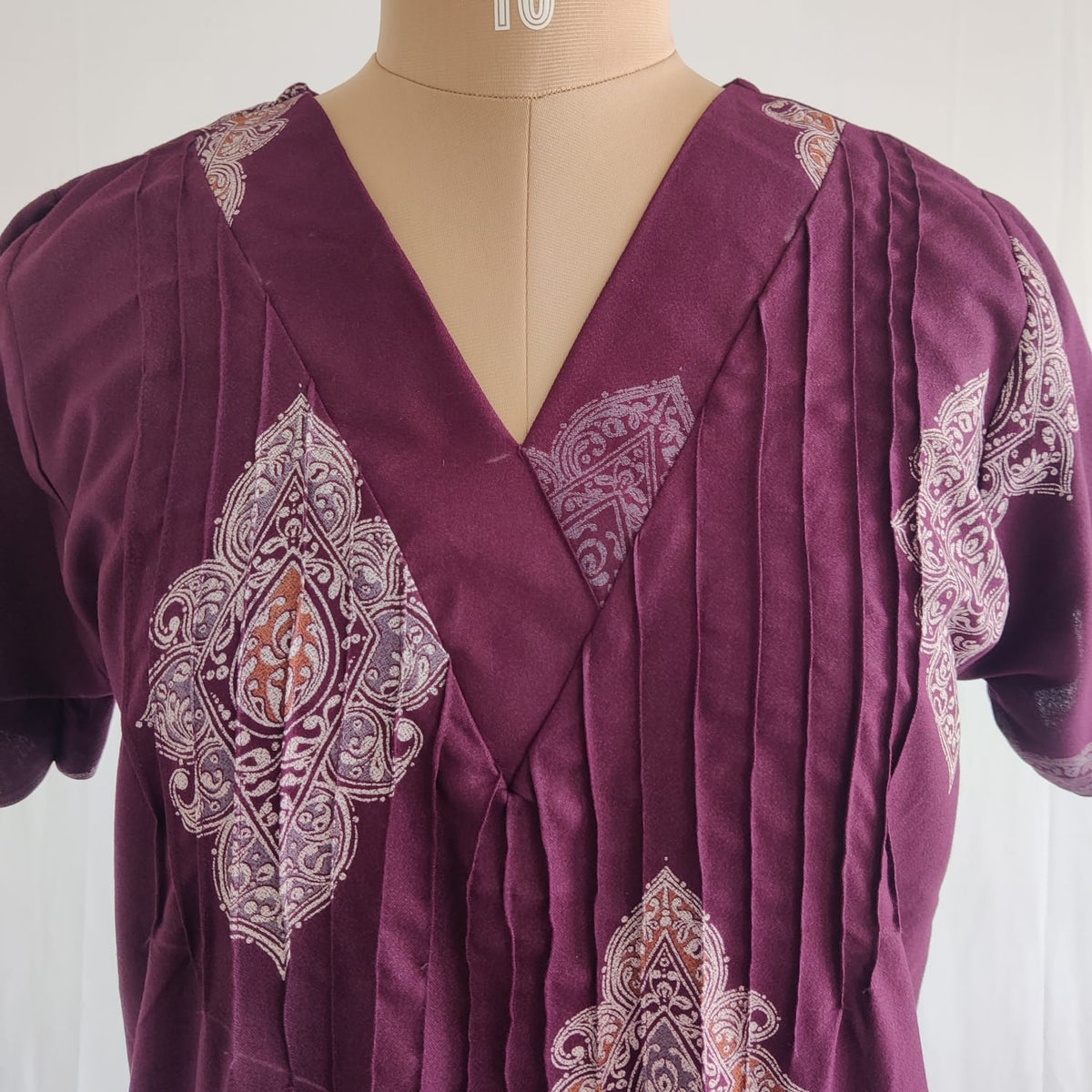 White Printed Wine V-Neck Alfine Churidar Cut Nighty | Free Size | Chest Width 44″| Length 56″
