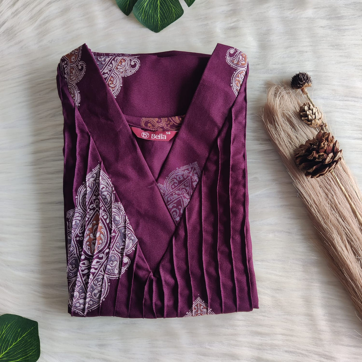 White Printed Wine V-Neck Alfine Churidar Cut Nighty | Free Size | Chest Width 44″| Length 56″
