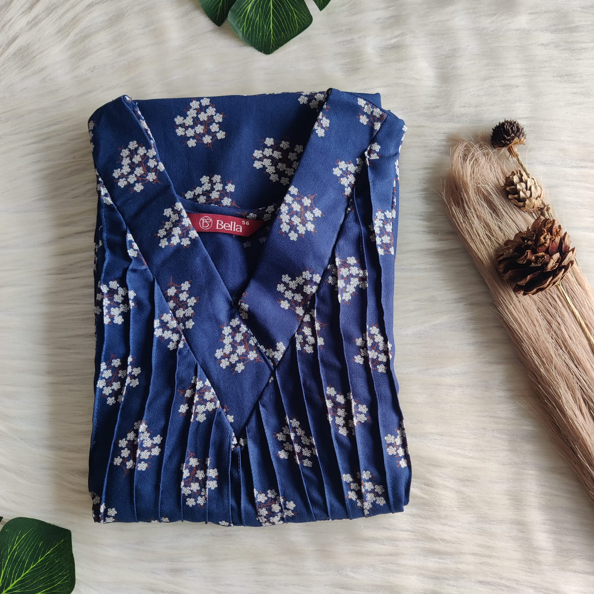 White Floral Printed Navy Blue V-Neck Alfine Churidar Cut Nighty | Free Size | Chest Width 44″| Length 56″