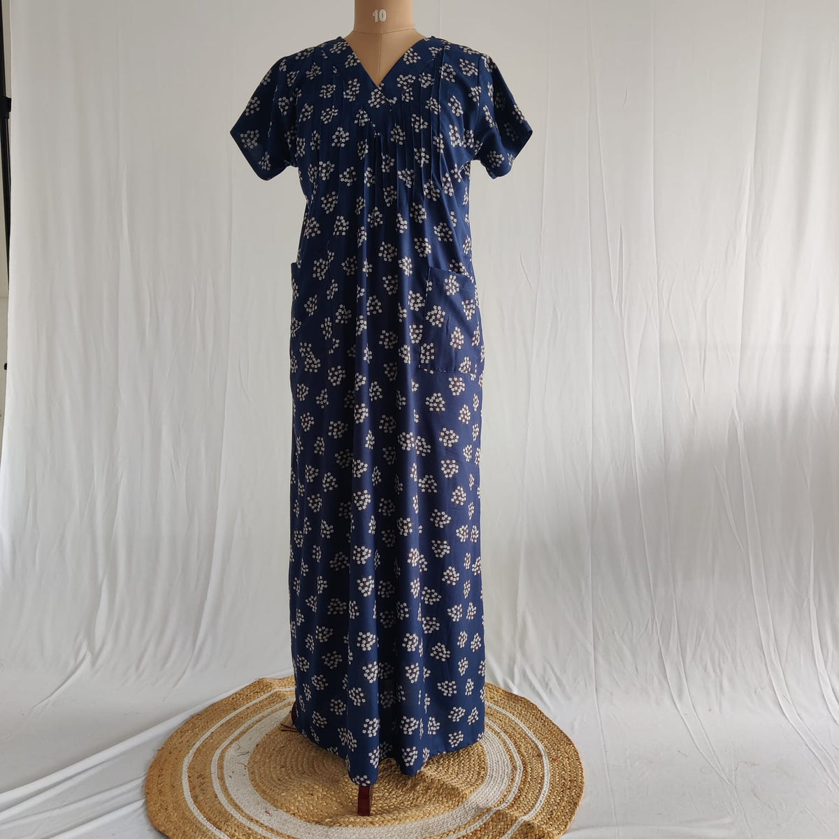 White Floral Printed Navy Blue V-Neck Alfine Churidar Cut Nighty | Free Size | Chest Width 44″| Length 56″