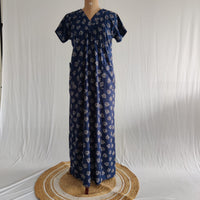 White Floral Printed Navy Blue V-Neck Alfine Churidar Cut Nighty | Free Size | Chest Width 44″| Length 56″
