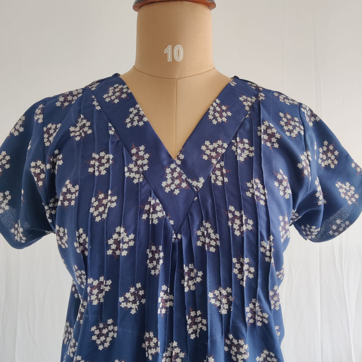 White Floral Printed Navy Blue V-Neck Alfine Churidar Cut Nighty | Free Size | Chest Width 44″| Length 56″