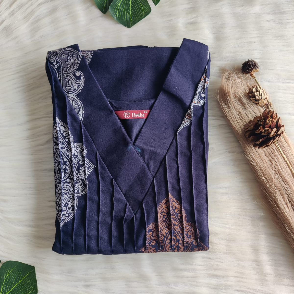 Cream Floral Printed Navy Blue V-Neck Alfine Churidar Cut Nighty | Free Size | Chest Width 44″| Length 56″