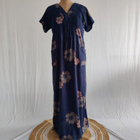 Pink Floral Printed Navy Blue V-Neck Alfine Churidar Cut Nighty | Free Size | Chest Width 44″| Length 56″