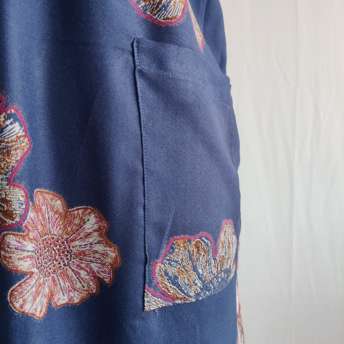 Pink Floral Printed Navy Blue V-Neck Alfine Churidar Cut Nighty | Free Size | Chest Width 44″| Length 56″