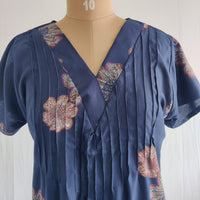 Pink Floral Printed Navy Blue V-Neck Alfine Churidar Cut Nighty | Free Size | Chest Width 44″| Length 56″