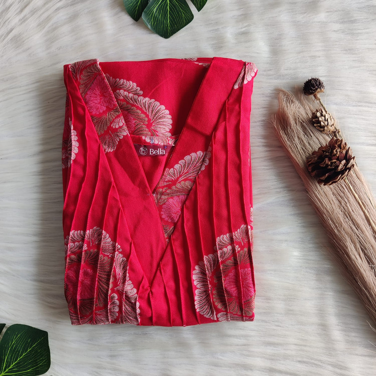 Red Printed V-Neck Alfine Churidar Cut Nighty | Free Size | Chest Width 44″| Length 56″