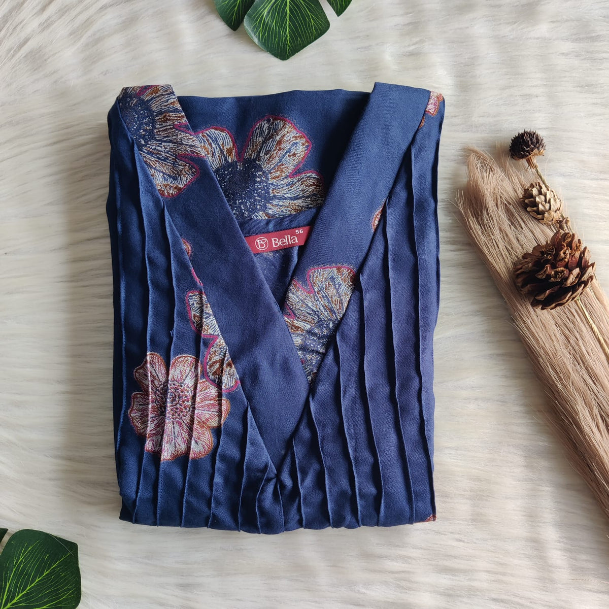 Pink Floral Printed Navy Blue V-Neck Alfine Churidar Cut Nighty | Free Size | Chest Width 44″| Length 56″