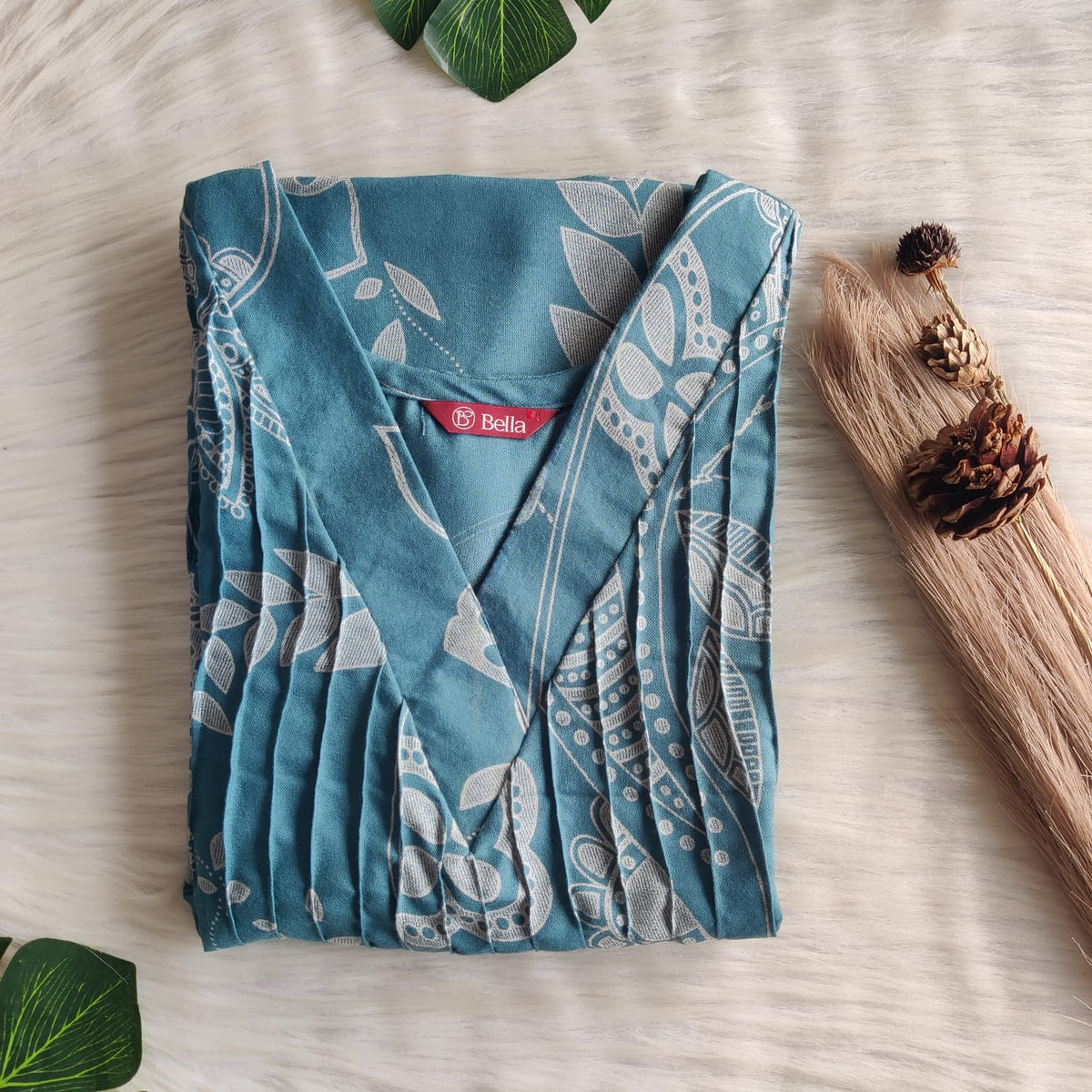 Pastel Blue Printed V-Neck Alfine Churidar Cut Nighty | Free Size | Chest Width 44″| Length 56″