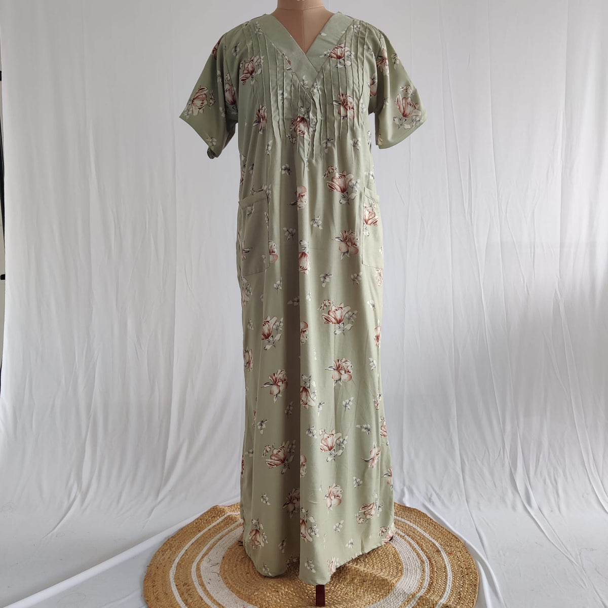 Pastel Green Printed V-Neck Alfine Churidar Cut Nighty | Free Size | Chest Width 44″| Length 56″
