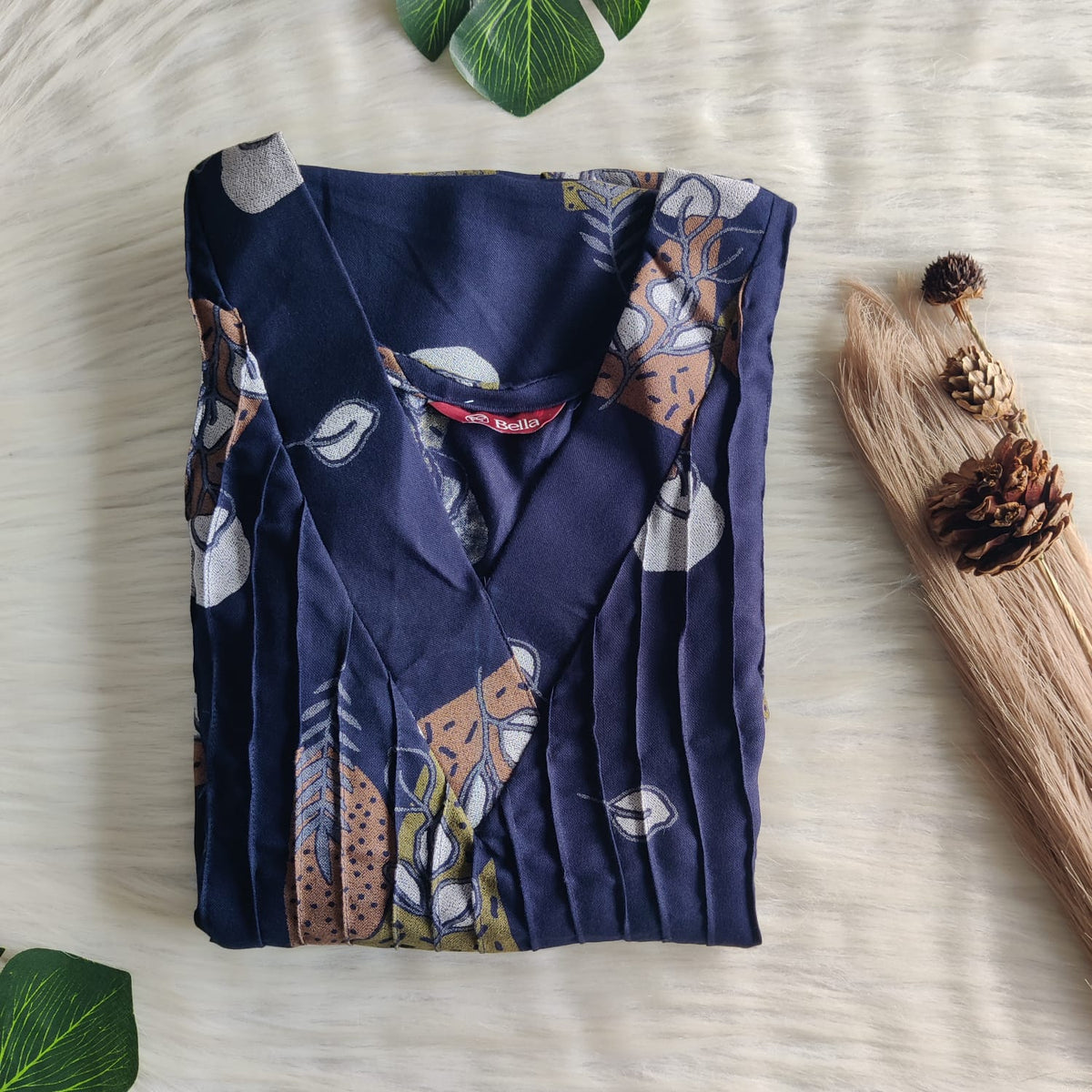 Brown And Green Printed Navy Blue V-Neck Alfine Churidar Cut Nighty | Free Size | Chest Width 44″| Length 56″