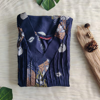 Brown And Green Printed Navy Blue V-Neck Alfine Churidar Cut Nighty | Free Size | Chest Width 44″| Length 56″