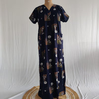 Brown And Green Printed Navy Blue V-Neck Alfine Churidar Cut Nighty | Free Size | Chest Width 44″| Length 56″