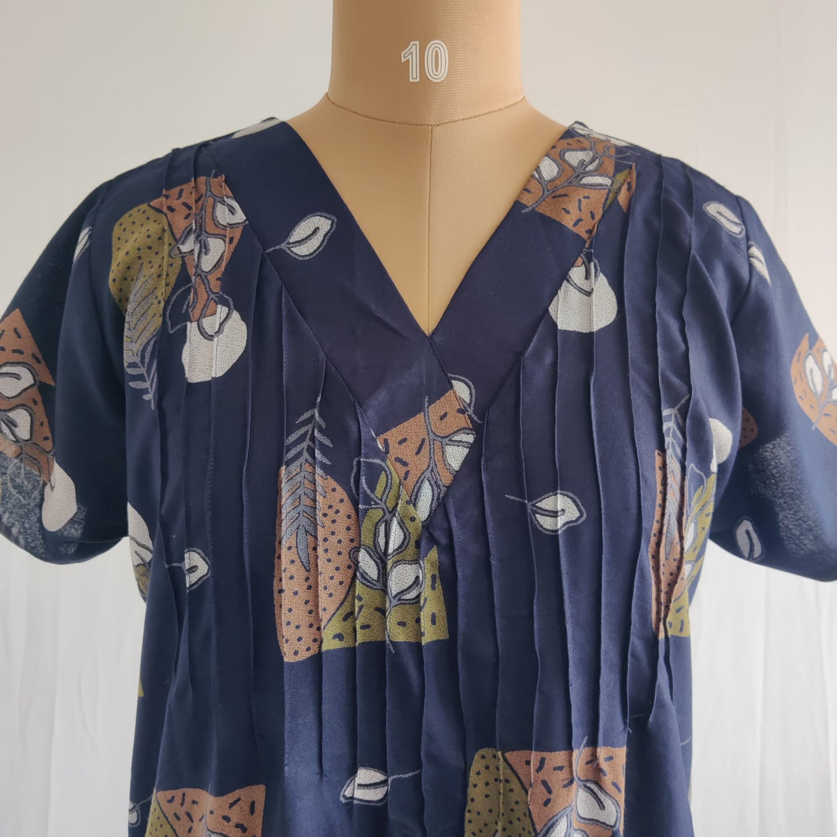 Brown And Green Printed Navy Blue V-Neck Alfine Churidar Cut Nighty | Free Size | Chest Width 44″| Length 56″