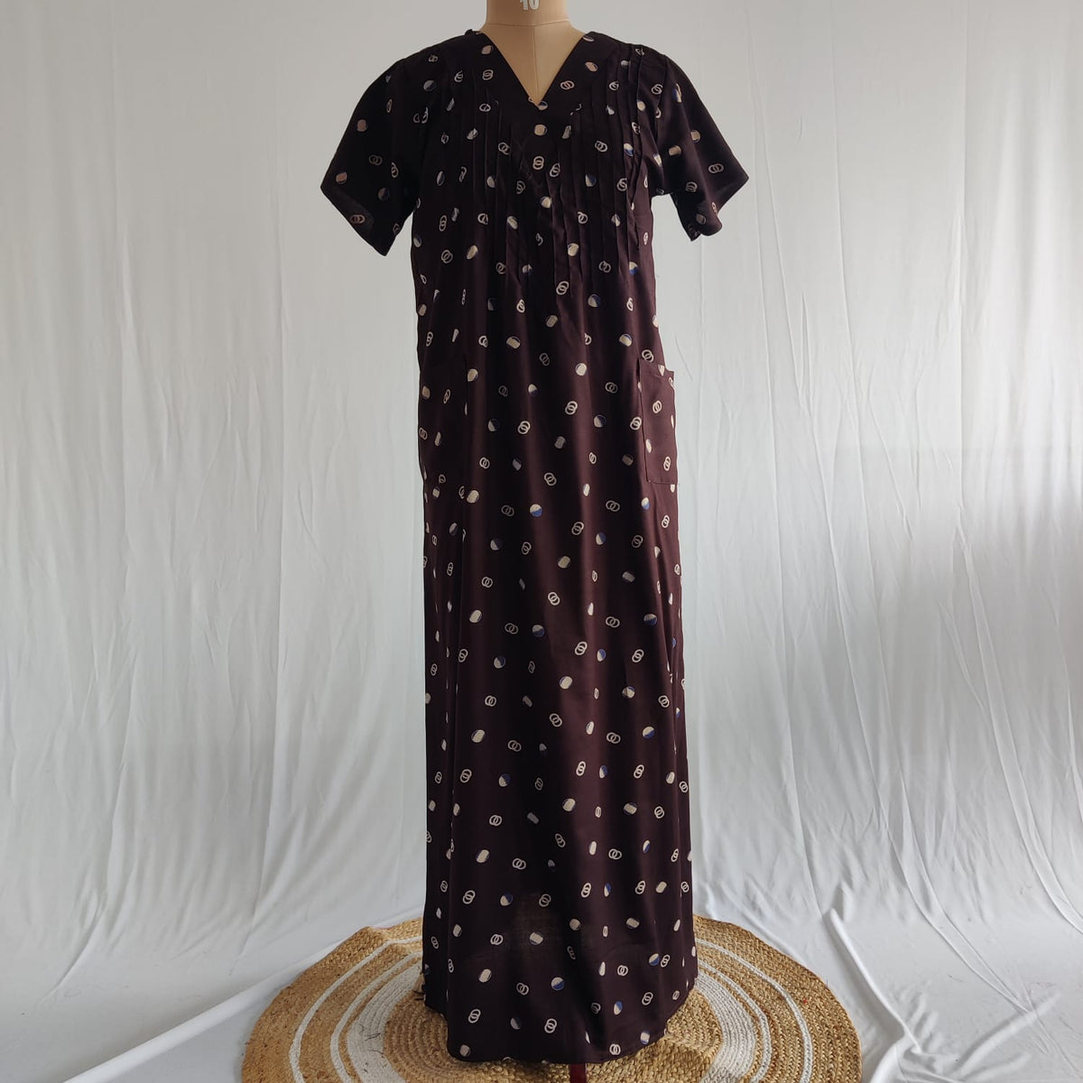 Coffee Brown Dot Printed V-Neck Alfine Churidar Cut Nighty | Free Size | Chest Width 44″| Length 56″