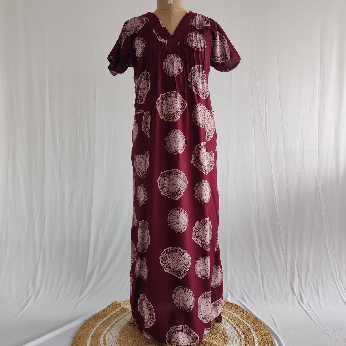 Maroon Printed V-Neck Alfine Churidar Cut Nighty | Free Size | Chest Width 44″| Length 56″
