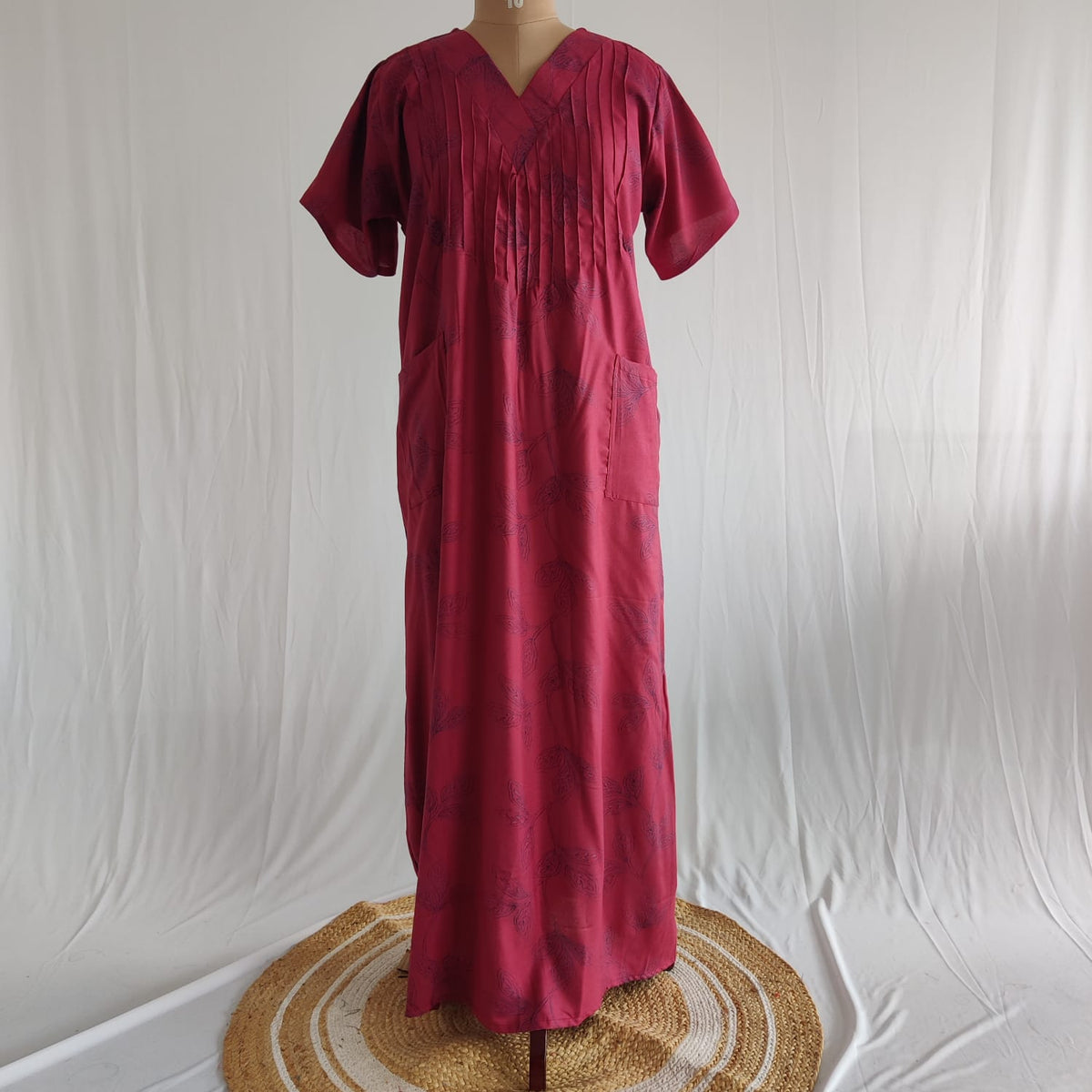 Beetroot Red Printed V-Neck Alfine Churidar Cut Nighty | Free Size | Chest Width 44″| Length 56″