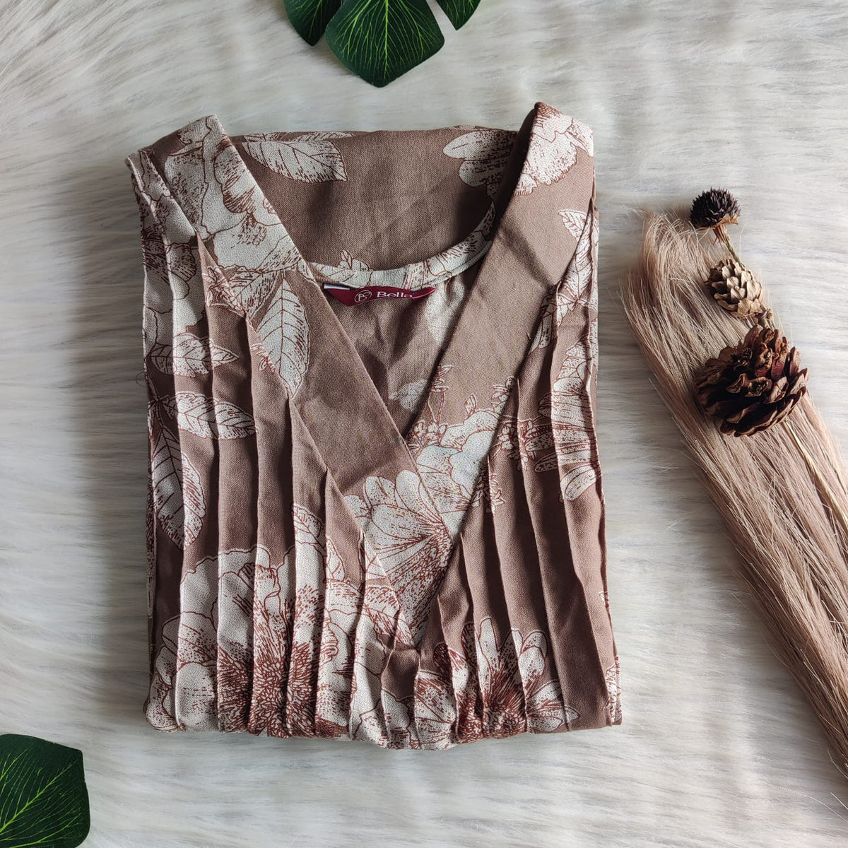 Pastel Brown Printed V-Neck Alfine Churidar Cut Nighty | Free Size | Chest Width 44″| Length 56″