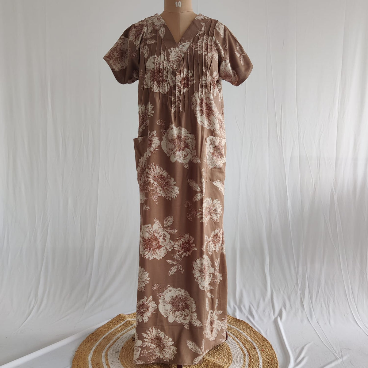 Pastel Brown Printed V-Neck Alfine Churidar Cut Nighty | Free Size | Chest Width 44″| Length 56″