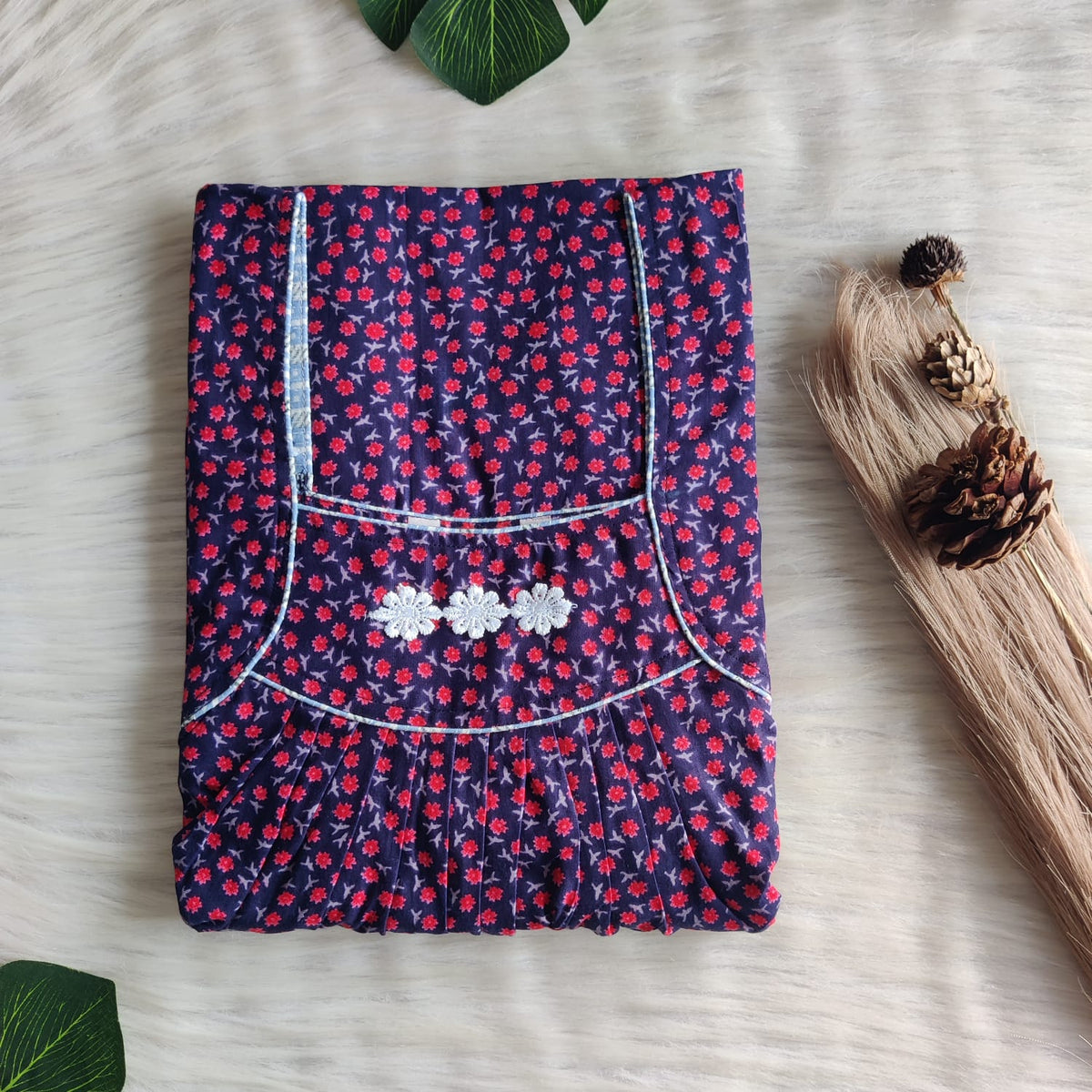Navy Blue And Red Floral Printed Premium Cotton Three Flower Nighty |Free Size | Chest Width 44"| Length 54"-55"