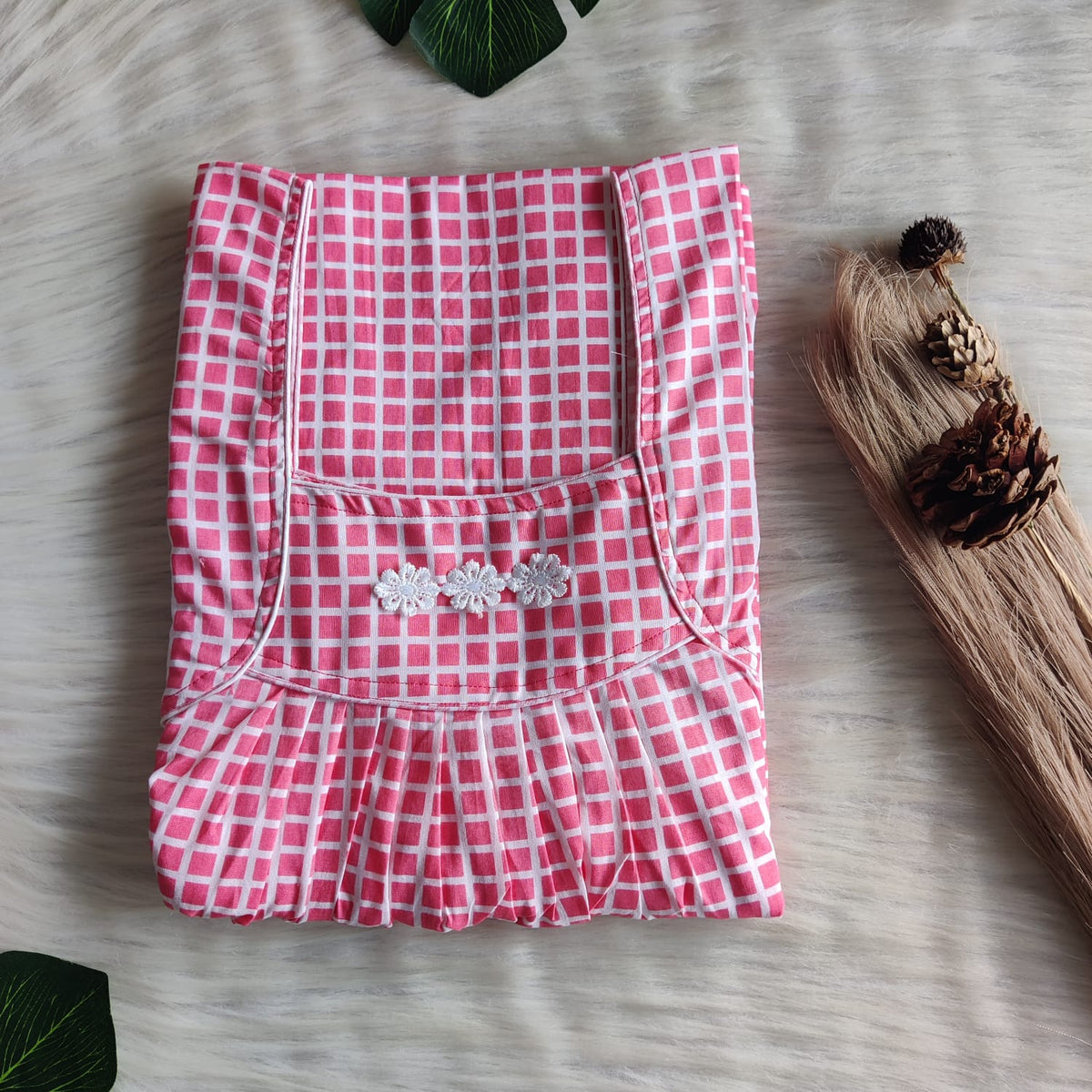 Pink Check Printed Premium Cotton Three Flower Nighty |Free Size | Chest Width 44"| Length 54"-55"