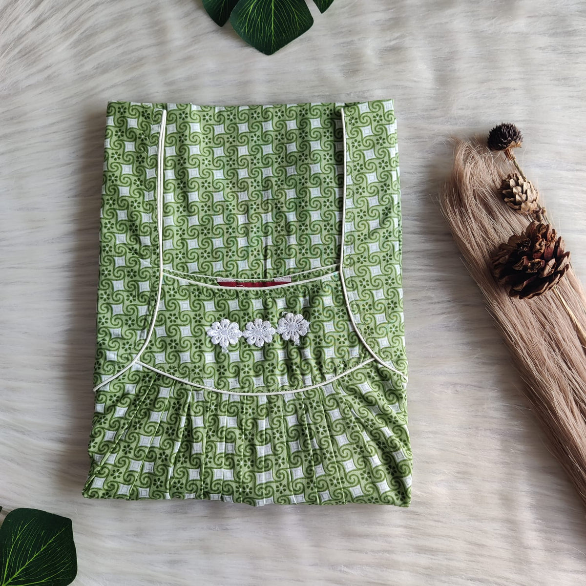Green Check Premium Cotton Three Flower Nighty |Free Size | Chest Width 44"| Length 54"-55"