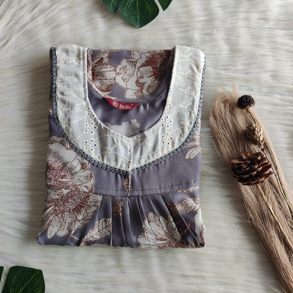 Grey Floral Printed Alfine Hakoba Lace Nighty | Free Size | Chest Width 44″| Length 54″-56″