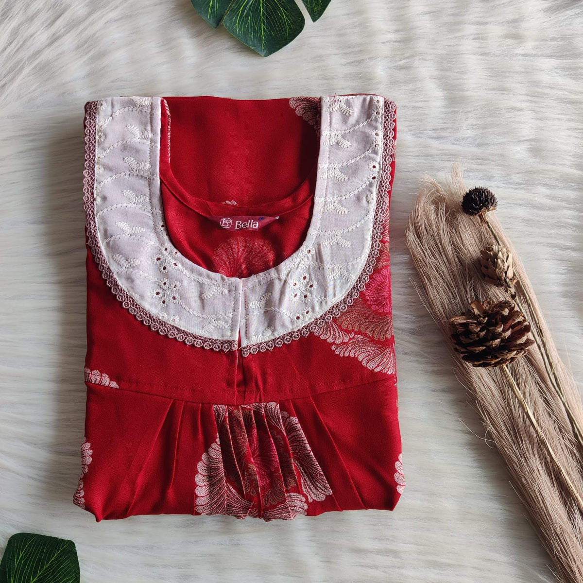 Red Printed Alfine Hakoba Lace Nighty | Free Size | Chest Width 44″| Length 54″-56″