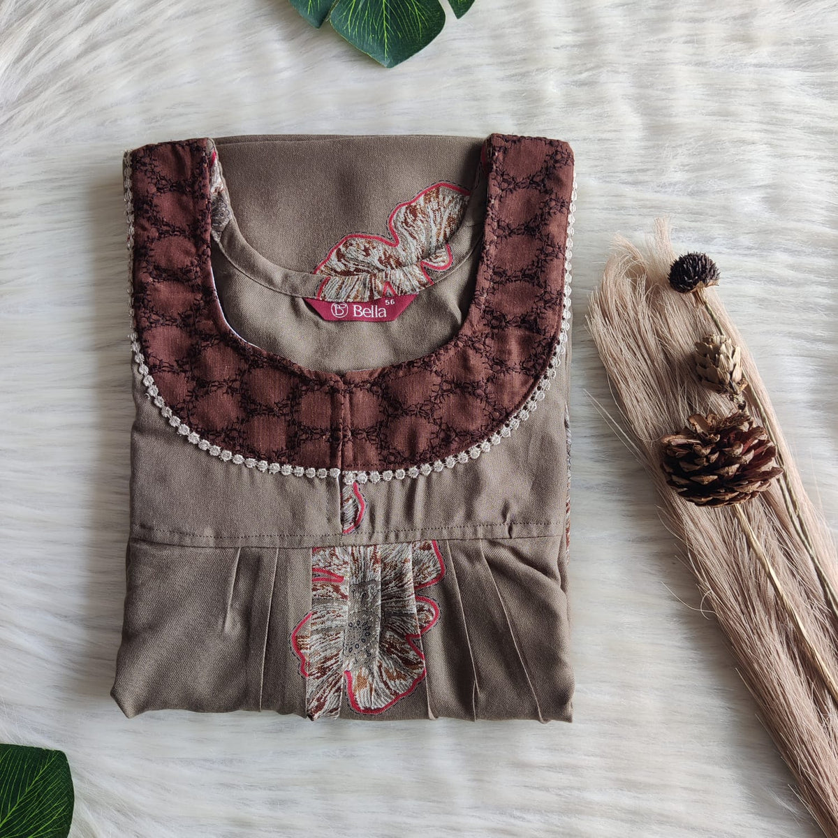 Pale Olive Green Printed Alfine Hakoba Lace Nighty | Free Size | Chest Width 44″| Length 54″-56″