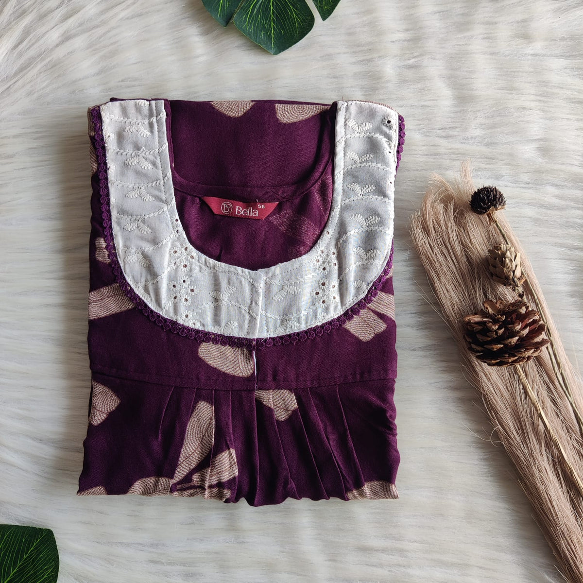 Wine Printed Alfine Hakoba Lace Nighty | Free Size | Chest Width 44″| Length 54″-56″