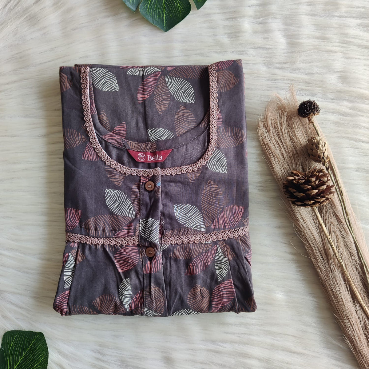 Pink Printed Ash Grey Discharge Cotton Lace Button Nighty | Free Size | Chest Width 44"| Length 54"-56"